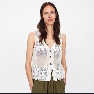 ZARA Linen Cream Lace Button Front Vest Top Medium